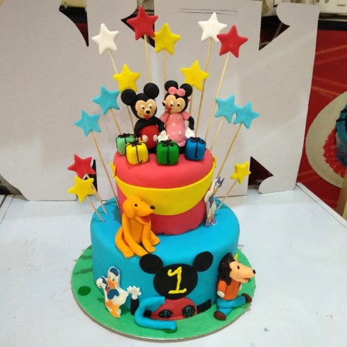 Mickey & Minnie Mouse Theme 2 Tier Fondant Cake Delivery in Ghaziabad