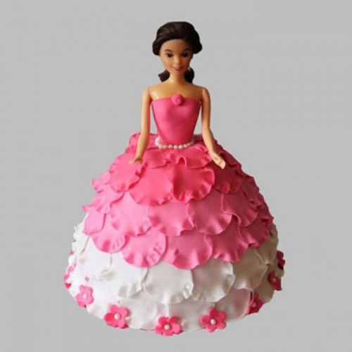 White & Pink Floral Barbie Fondant Cake Delivery in Ghaziabad
