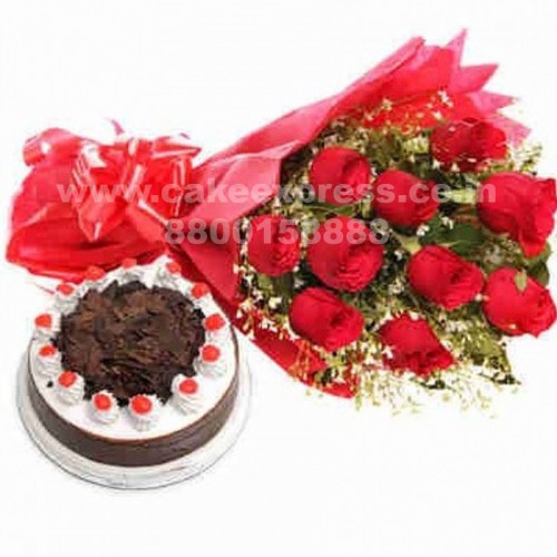 Black Forest Cake & Red Roses Bouquet Delivery in Ghaziabad