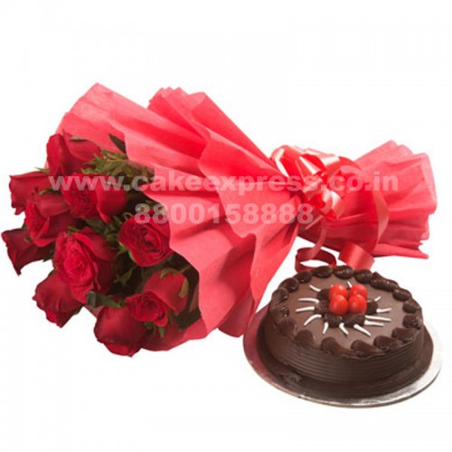Chocolate Cake & Red Roses Bouquet Delivery in Ghaziabad