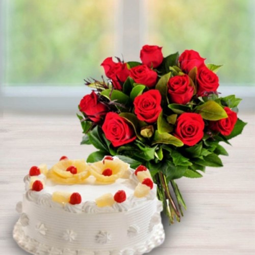 Pineapple Cake And 10 Red Rose Combo Delivery in Delhi