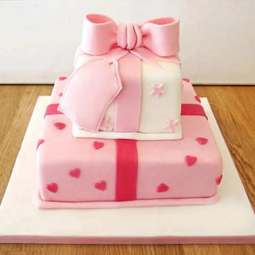 2 Tier Pink Gift Box Cake Delivery in Ghaziabad