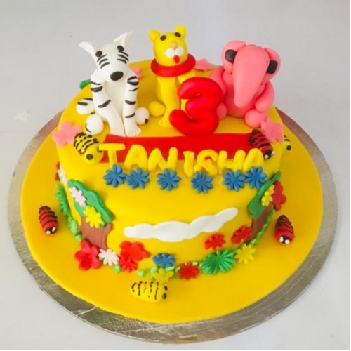 Animal Theme Yellow Fondant Cake Delivery in Ghaziabad