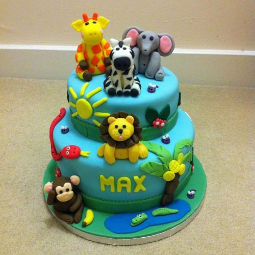 Two-Tier Jungle Animals Birthday Cake Delivery in Delhi