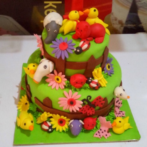 2 Tier Flower Garden and Animal Cake Delivery in Ghaziabad