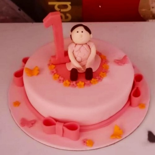 Little Girl 1st Birthday Pink Fondant Cake Delivery in Ghaziabad